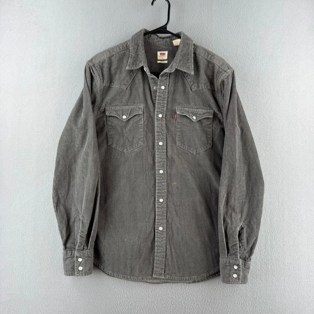 Levis Corduroy Pearl Snap Western Shirt Mens Medium Gray Cotton Long Sleeve
